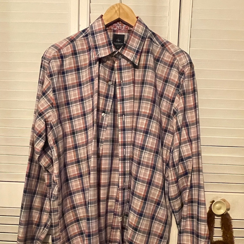 TaylorByrd long sleeve plaid red, white, and blue shirt, size L
